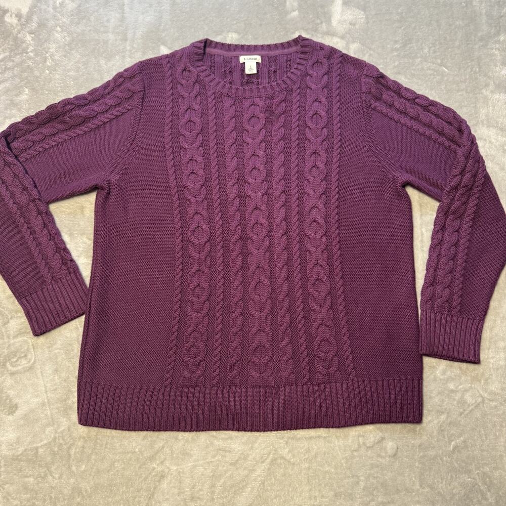 LL Bean Womens Cotton Cable Knit Tennis Prep Sweater Sz L P Classic Fisherman - Picture 2 of 9